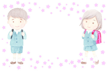 制服のこども　桜の背景