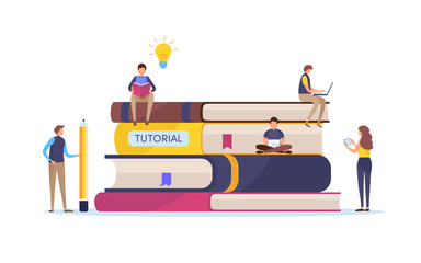 Education, Training course. Online study. Tutorials, e-learning, Smart knowledge. Cartoon miniature illustration vector graphic on white background.