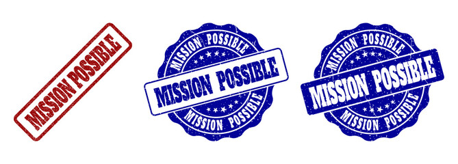 MISSION POSSIBLE grunge stamp seals in red and blue colors. Vector MISSION POSSIBLE imprints with grunge style. Graphic elements are rounded rectangles, rosettes, circles and text tags.