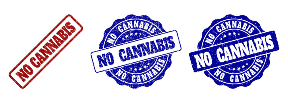 NO CANNABIS grunge stamp seals in red and blue colors. Vector NO CANNABIS marks with grunge effect. Graphic elements are rounded rectangles, rosettes, circles and text tags.