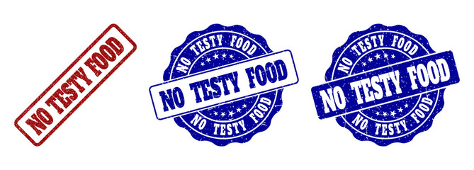 NO TESTY FOOD grunge stamp seals in red and blue colors. Vector NO TESTY FOOD signs with dirty texture. Graphic elements are rounded rectangles, rosettes, circles and text captions.