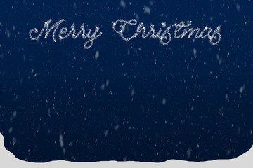 Merry Christmas typography on gradient dark blue background with snow. Beautiful Christmas background with shiny silver gritter typography. Christmas greeting card text.