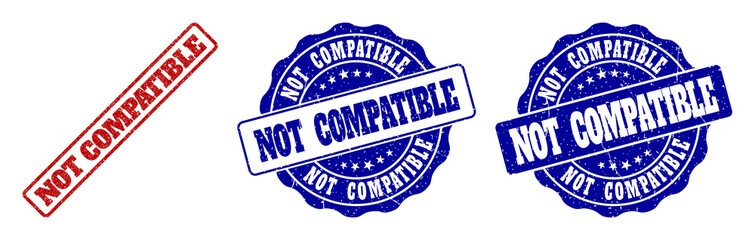 NOT COMPATIBLE grunge stamp seals in red and blue colors. Vector NOT COMPATIBLE signs with grunge texture. Graphic elements are rounded rectangles, rosettes, circles and text labels.