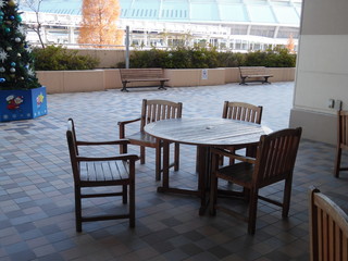 Table and chairs made of trees, and Nagoya Dome