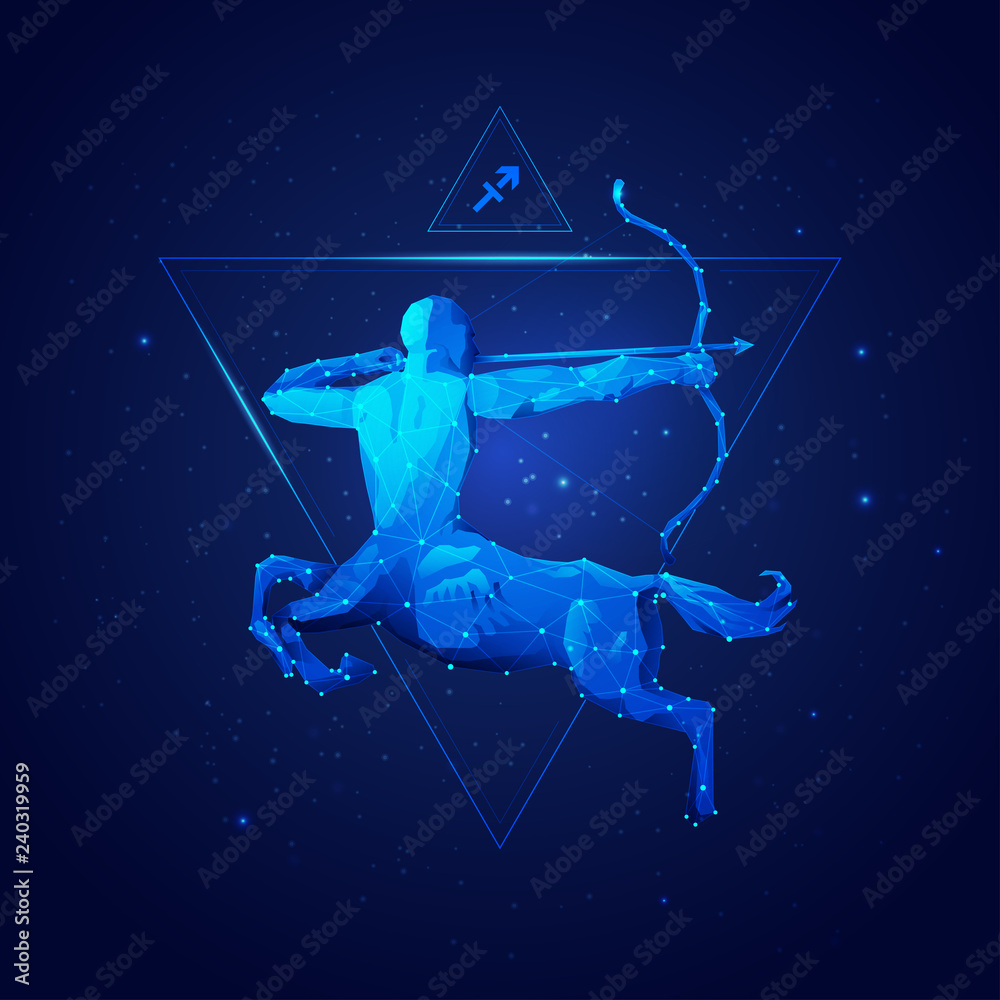 Wall mural sagittarius horoscope sign in twelve zodiac with galaxy stars background, graphic of wireframe centa