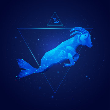 capricorn horoscope sign in twelve zodiac with galaxy stars background, graphic of wireframe goat 
