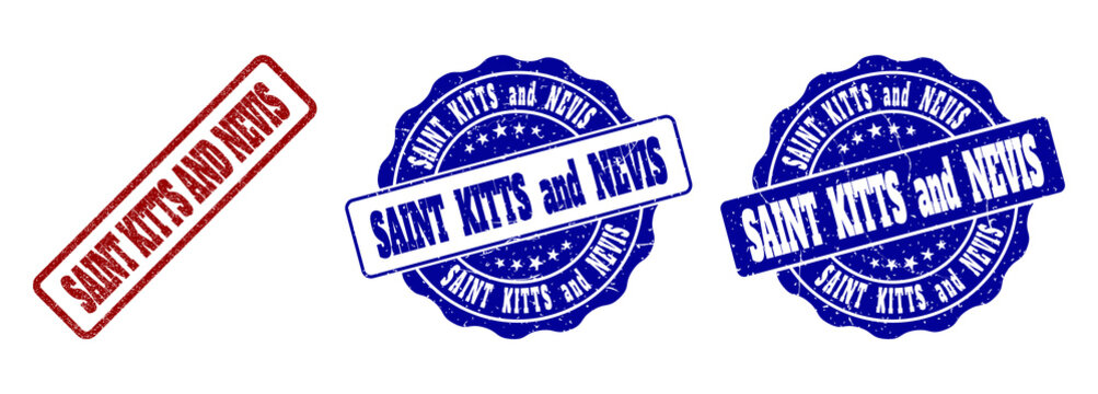SAINT KITTS AND NEVIS scratched stamp seals in red and blue colors. Vector SAINT KITTS AND NEVIS labels with dirty surface. Graphic elements are rounded rectangles, rosettes, circles and text labels.