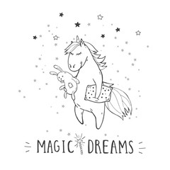 Vector illustration of hand drawn cute unicorn with toy rabbit, pillow and text – MAGIC DREAMS on withe background. Cartoon style. Monochrome.