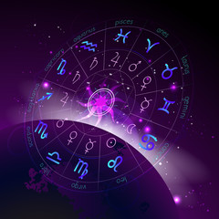 Vector illustration of Horoscope circle in perspective, Zodiac signs and pictograms astrology planets against the space background.