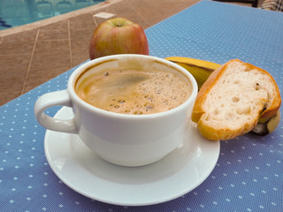 Urgent breakfast, coffee, fruit, bread