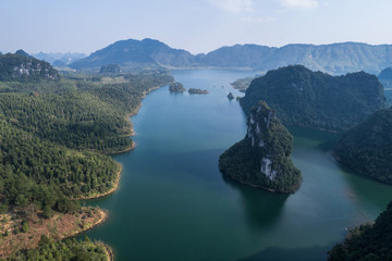 Fototapeta na wymiar Aerial view of Karst mountains and lake