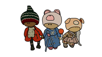 Funny cartoon dolls, doll toy flat collection isolated on white background