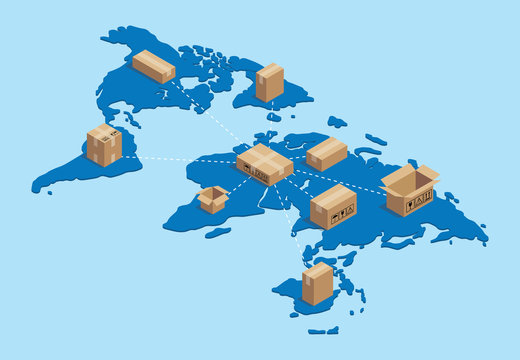 shipping worldwide international with cardboard networking on top of world map isometric