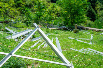 An electric transmission tower dismantled as a result of wind storm, cyclone, hurricane