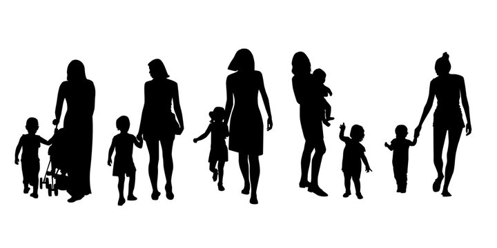 Set of silhouettes of women with children, vector. 