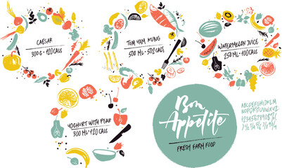 Set of food frames: sea food, vegetables and fruits. Healthy lifestyle eating. Farmers market