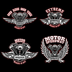 Set of biker emblem templates with winged motorcycle engines. Design element for logo, label, emblem, sign, poster, t shirt.