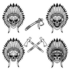 Native indian chief skull with crossed tomahawks. Design element for logo, label, emblem, sign.