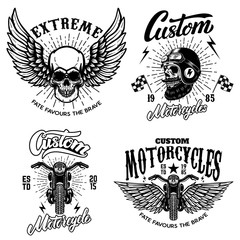 Set of racer emblem templates with motorcycle motor, wheels. wings. Design element for logo, label, emblem, sign, poster, t shirt.