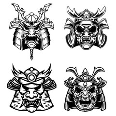 Set of samurai masks and helmets. Design element for logo, label, emblem, sign, poster, t shirt.