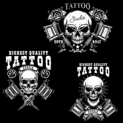 Set of tattoo studio emblem templates. Crossed tattoo machine, skull, roses. Design element for logo, label, sign, poster, t shirt.