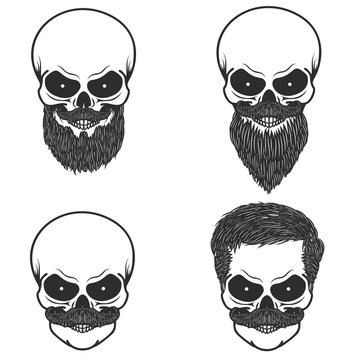 Set of skull with hairstyle, beard,moustache. Design element for logo, label, emblem, sign.