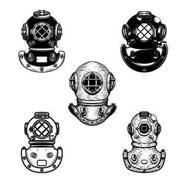 Set of vintage diver helmets. Design element for logo, label, emblem, sign.