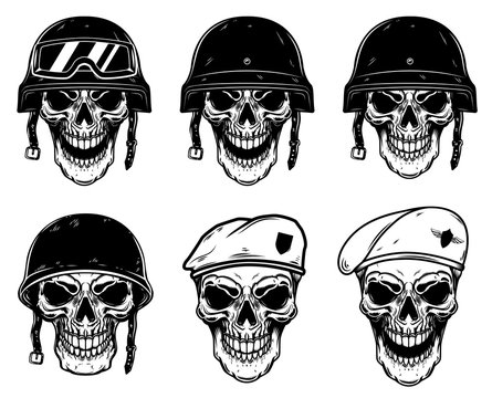 Set of soldier skulls in paratrooper beret, tactical helmet. Design element for logo, label, emblem, sign, poster, t shirt.