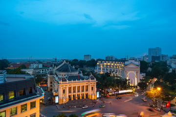 Aerial skyline view of Hanoi city, Vietnam. Hanoi cityscape by sunset period at August Revolution Square, with Hanoi Opera House