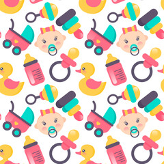 Baby shower seamless pattern. Vector illustration. Cute color design for gift wrapping paper, greeting cards, posters, banners, fabrics, textile, web, prints. It’s a girl