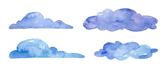 Watercolor blue clouds on white background