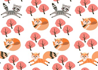 Seamless pattern. Foxes and raccoons play in the autumn forest.