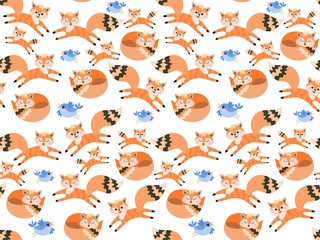 Cute cartoon foxes and little blue birds isolated on white background in vector. Seamless pattern. Print for fabric, wallpaper. Design elements.