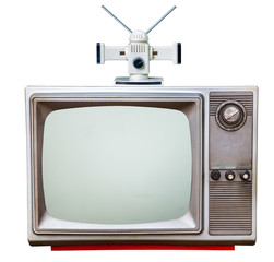 classic vintage retro Style old  television with cut out screen,old  television with old tv antennaon isolated background.