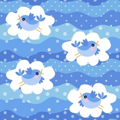 Seamless pattern with funny birds and white clouds on blue polka dot background.