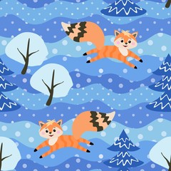 Little funny foxes frolic in the winter forest among the snow-covered trees. Seamless pattern in vector.