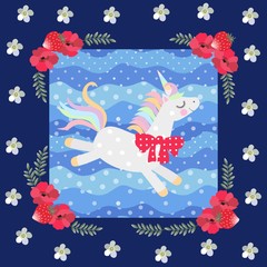 Cute dancing unicorn on blue polka dot background in beautiful floral frame. Patchwork pattern. Beautiful collection.