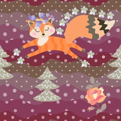 Cute fox in floral wreath runs through forest with pines and flowers. Vector seamless pattern.