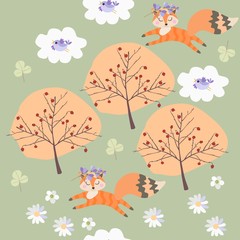 Seamless pattern with cute foxes and birds in forest among trees and flowers. Wonderful vector illustration.