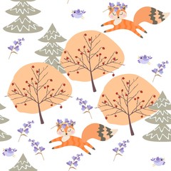 Seamless pattern with little funny foxes, birds, trees and bellflowers on white background.