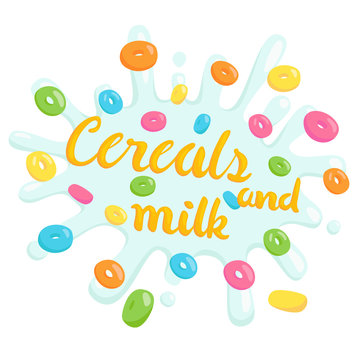 cereals and milk title on white background