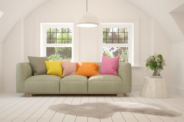 Idea of white room with sofa and summer landscape in window. Scandinavian interior design. 3D illustration