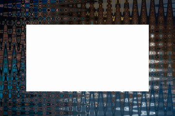 Abstract background in blues, bronze, copper, brown, black, and cream with 3 white rectangular overlay - space for text