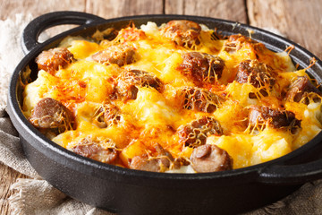 Main course from Cheese Potato and Smoked Sausage Casserole closeup on the pan. horizontal