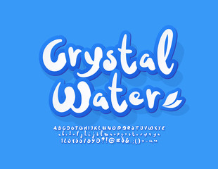 Vector bright Logo Cristal Water. White and Blue playful Alphabet Letters, Numbers and Symbols.