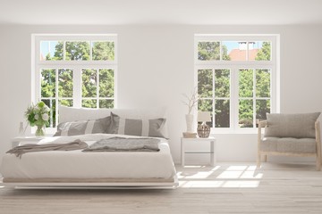 White bedroom with summer landscape in window. Scandinavian interior design. 3D illustration