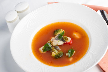  fish soup with broccoli and sea bass