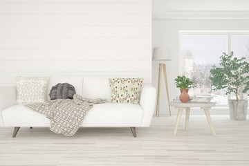 White room with sofa and winter landscape in window. Scandinavian interior design. 3D illustration