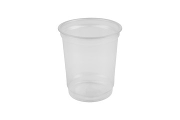 large plastic transparent glass without cover for smoothies and for other drinks, on a white background