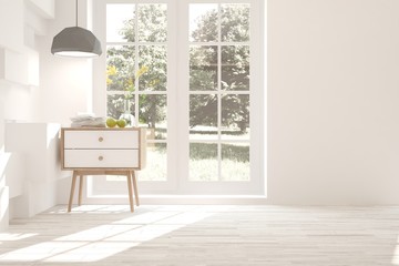 Fototapeta premium White empty room with summer landscape in window. Scandinavian interior design. 3D illustration